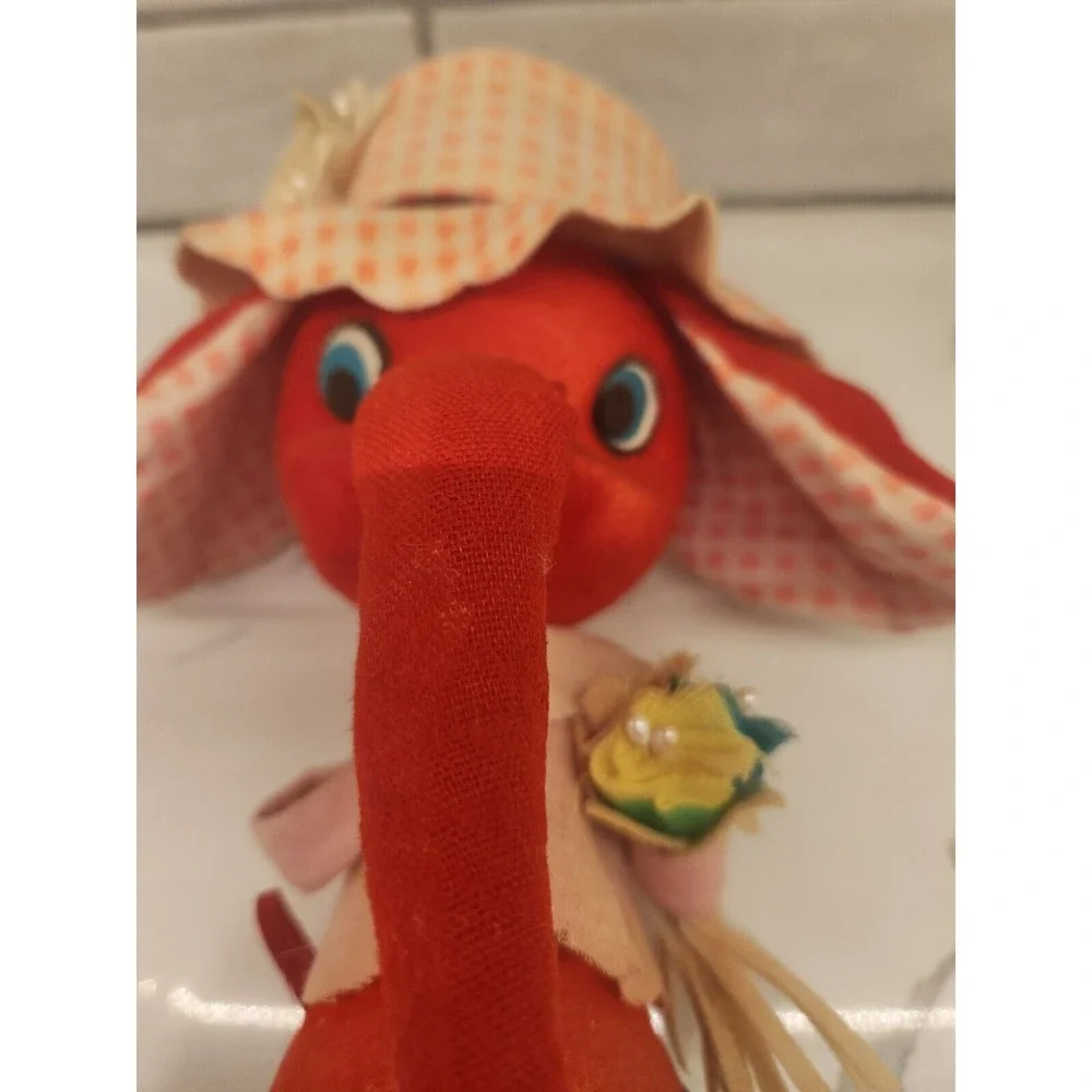 Vintage Styrofoam Felt‎ Red Elephant Poseable Ears Pink Hat Holding Flowers